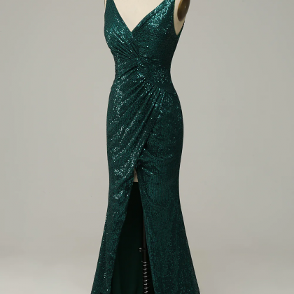 Prom Dresses,dark Green Sequined Spaghetti Straps..