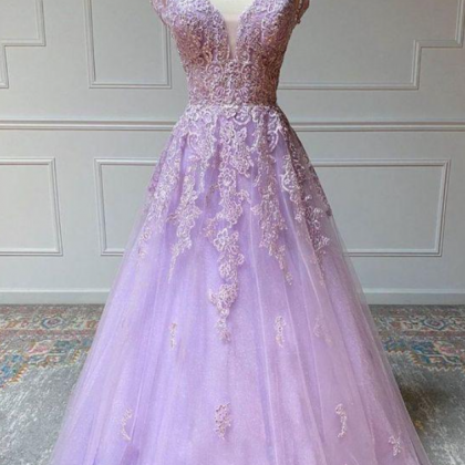 Prom Dresses,purple V Neck Tulle Lace Long Prom..