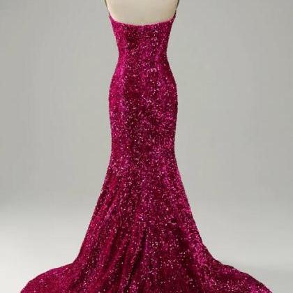 Prom Dresses,fuchsia Sweetheart Neck Sequined..
