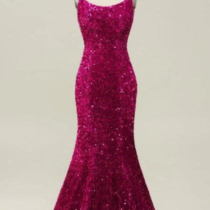 Prom Dresses, Pink Sequin Spaghetti Straps Mermaid..