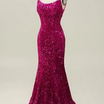 Prom Dresses, Pink Sequin Spaghetti Straps Mermaid..