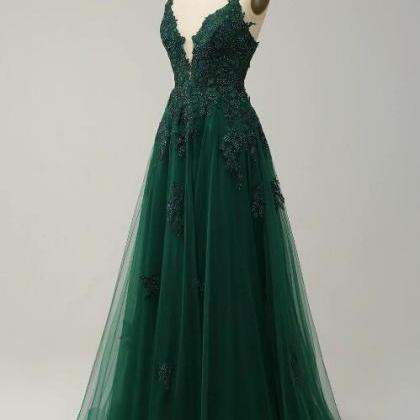 Prom Dresses,a Line Spaghetti Straps Dark Green..