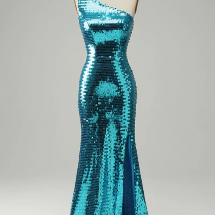 Prom Dresses,sparkly Blue Sequins One Shoulder..