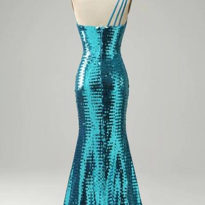 Prom Dresses,sparkly Blue Sequins One Shoulder..