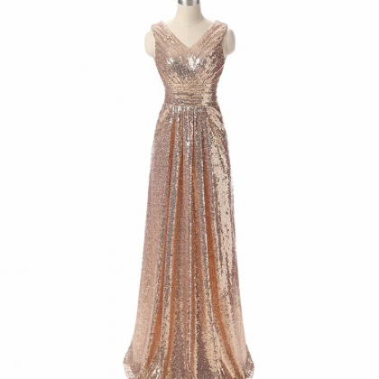 Prom Dresses,gold Evening Dresses Sequined V Neck..