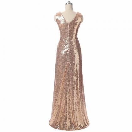 Prom Dresses,gold Evening Dresses Sequined V Neck..