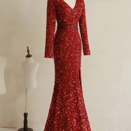 Prom Dresses,wine Red Sequins Mermaid Long Formal..