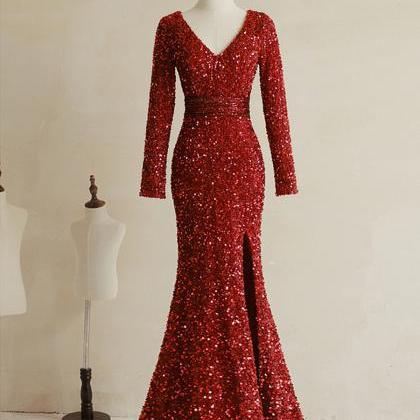 Prom Dresses,wine Red Sequins Mermaid Long Formal..
