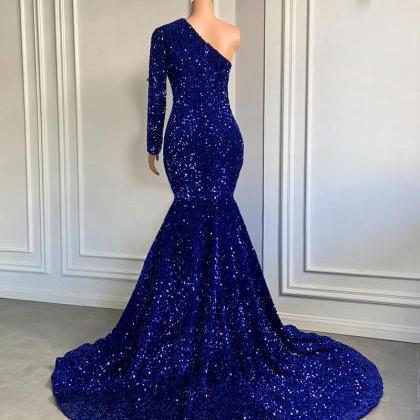 Prom Dresses,sparkly One Shoulder Royal Blue..