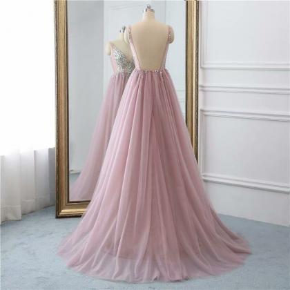 Prom Dresses,blush Pink Tulle Prom Dress Beaded V..