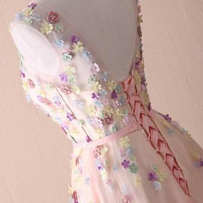 Prom Dresses,cute Round Neck Flowers Long Prom..