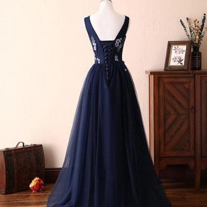 Prom Dresses,dark Blue Lace Tulle Long Prom Dress,..