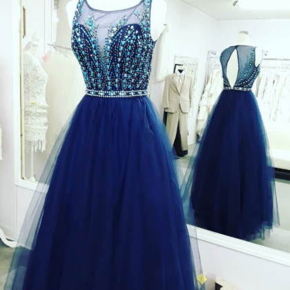 Prom Dresses,royal Blue Tulle Beaded Long Prom..