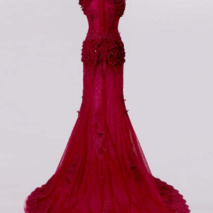 Prom Dresses,burgundy Floral Appliqués Plunge V..