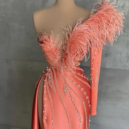 Prom Dresses,feather Decor One Shoulder Red Carpet..