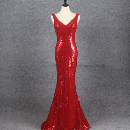 Prom Dresses,red Sequins Mermaid Low Back Long..