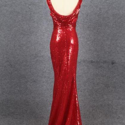 Prom Dresses,red Sequins Mermaid Low Back Long..