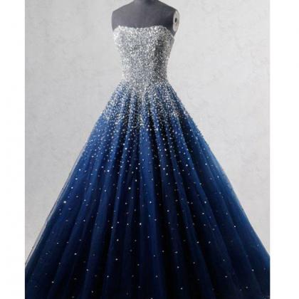 Prom Dresses,sparkly Blue Strapless Tulle Prom..
