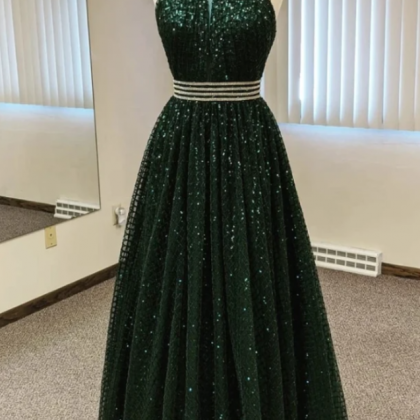 Prom Dresses,glitter Dark Green Halter Prom Dress..