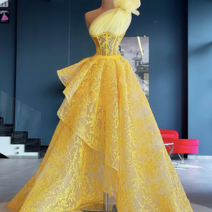 Prom Dresses,one Shoulder Prom Dresses, Yellow..
