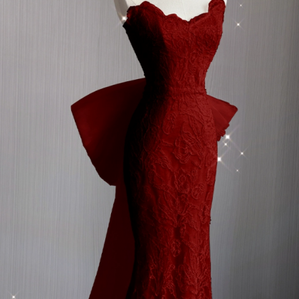 Prom Dresses, Fishtail Burgundy Lace Long Dresse,..