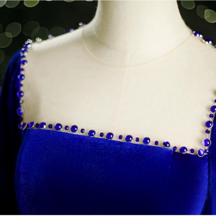 Prom Dresses,blue Velvet Long Sleeve French..