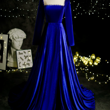 Prom Dresses,blue Velvet Long Sleeve French..