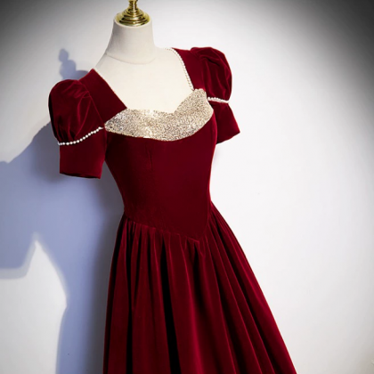 Prom Dresses,burgundy Velvet Puff Sleeve French..