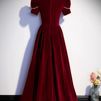 Prom Dresses,burgundy Velvet Puff Sleeve French..