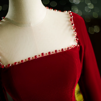 Prom Dresses,burgundy Velvet Long Sleeve French..