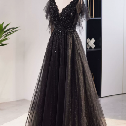 Prom Dresses,black Sequin Evening Dresses,v-neck..
