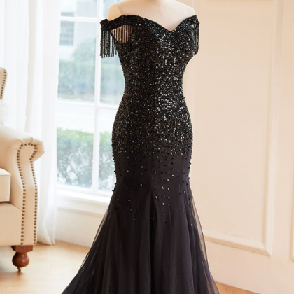 Prom Dresses, One Shoulder Sequin Black Fishtail..