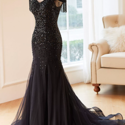 Prom Dresses, One Shoulder Sequin Black Fishtail..