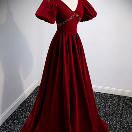 Prom Dresses,burgundy Short Sleeve Evening Dress,..