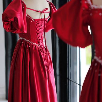 Prom Dresses,french Style Square Neck Burgundy..