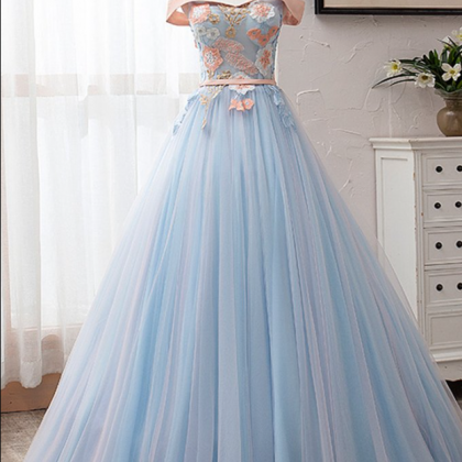Prom Dresses,blue Tulle Embroidery Lace Strapless..