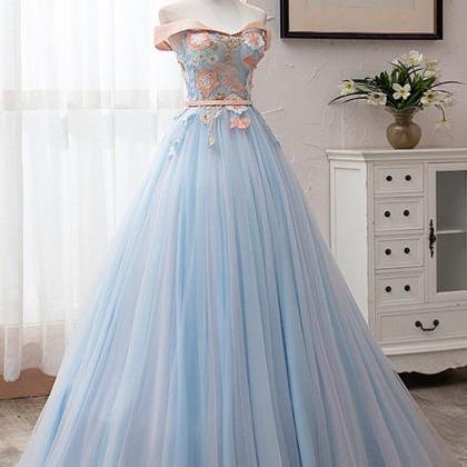 Prom Dresses,blue Tulle Embroidery Lace Strapless..