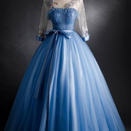Prom Dresses,blue Tulle Long Sleeves Formal Dress..