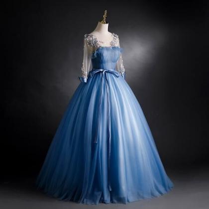 Prom Dresses,blue Tulle Long Sleeves Formal Dress..