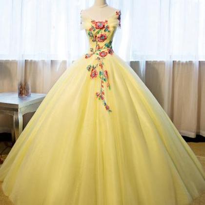 Prom Dresses,yellow Gown, Shoulder Gown, Floral..