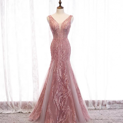 Prom Dresses,pink Evening Dress, , V-neck, Long..