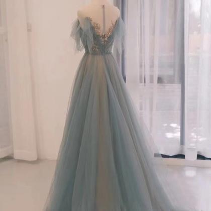 Prom Dresses, Gray Blue Party Dress, Light Luxury..