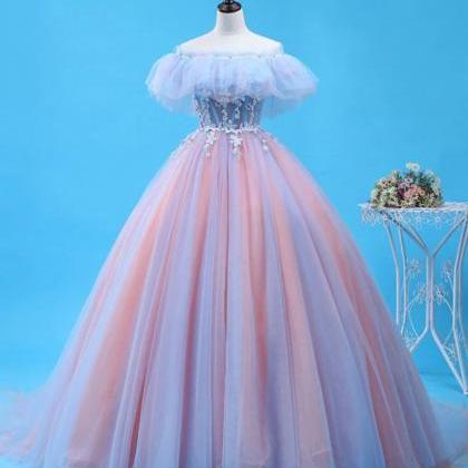 Prom Dresses, Pink Tulle Lace Long Evening Dress