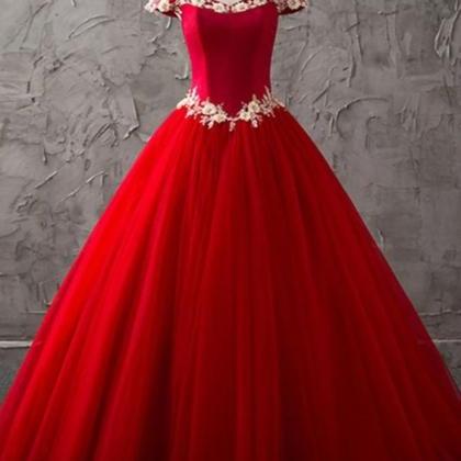Prom Dresses, Red Tulle Off Shoulder Sweetheart..