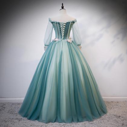 Prom Dresses,exquisite Green Tulle Appliqued..