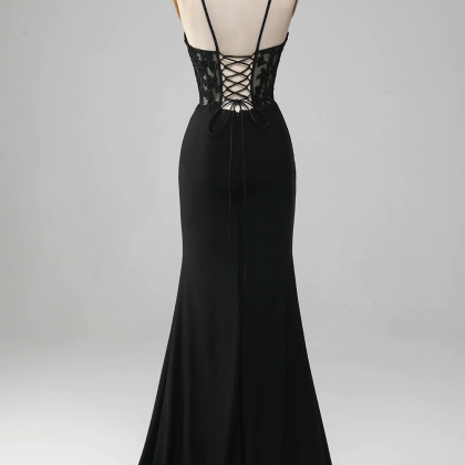Prom Dresses, Black Mermaid Spaghetti Straps..