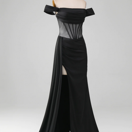 Prom Dresses, Black Off The Shoulder Satin Corset..