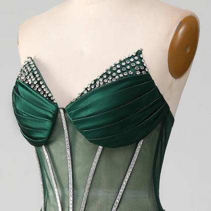 Prom Dresses, Dark Green V-neck Strapless Corset..