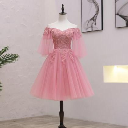 Homecoming Dresses, Pink Tulle Lace Short Prom..