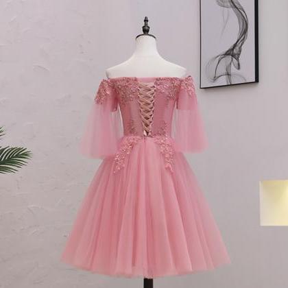 Homecoming Dresses, Pink Tulle Lace Short Prom..